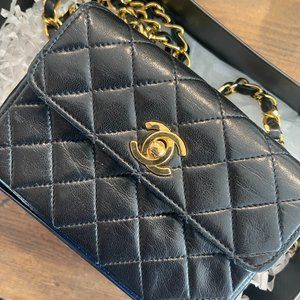 Chanel Mini Square Flap Matelass Black Lamb Leather Shoulder Bag